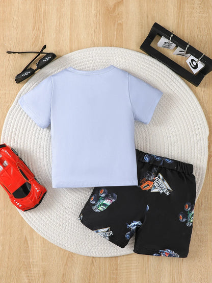 Boys' set car letter pattern positioning print round neck short sleeved T-shirt paired with shorts cool boys' two-piece set