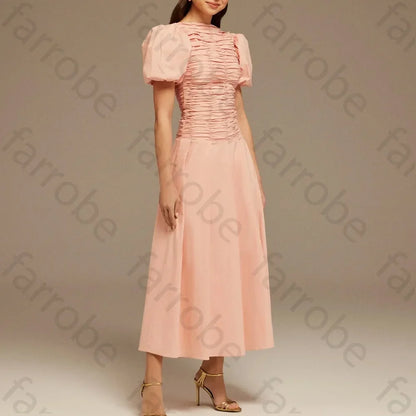 Customize Draped Top Short Sleeve Midi Dress A-Line Evening Dresses Formal Exquisite High Quality Prom Party Gowns for Women