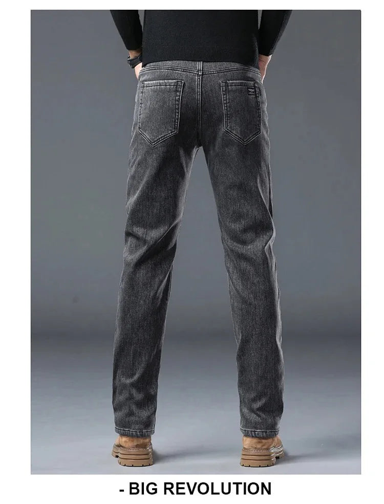 Winter Warm Jeans Men's Slim Straight Elastic Denim Pants Casual Male Clothing Fashion Plush Trousers New Hot Sale Fashion Jeans