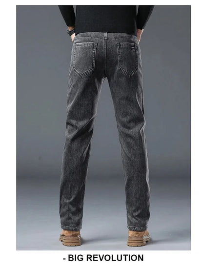 Winter Warm Jeans Men's Slim Straight Elastic Denim Pants Casual Male Clothing Fashion Plush Trousers New Hot Sale Fashion Jeans