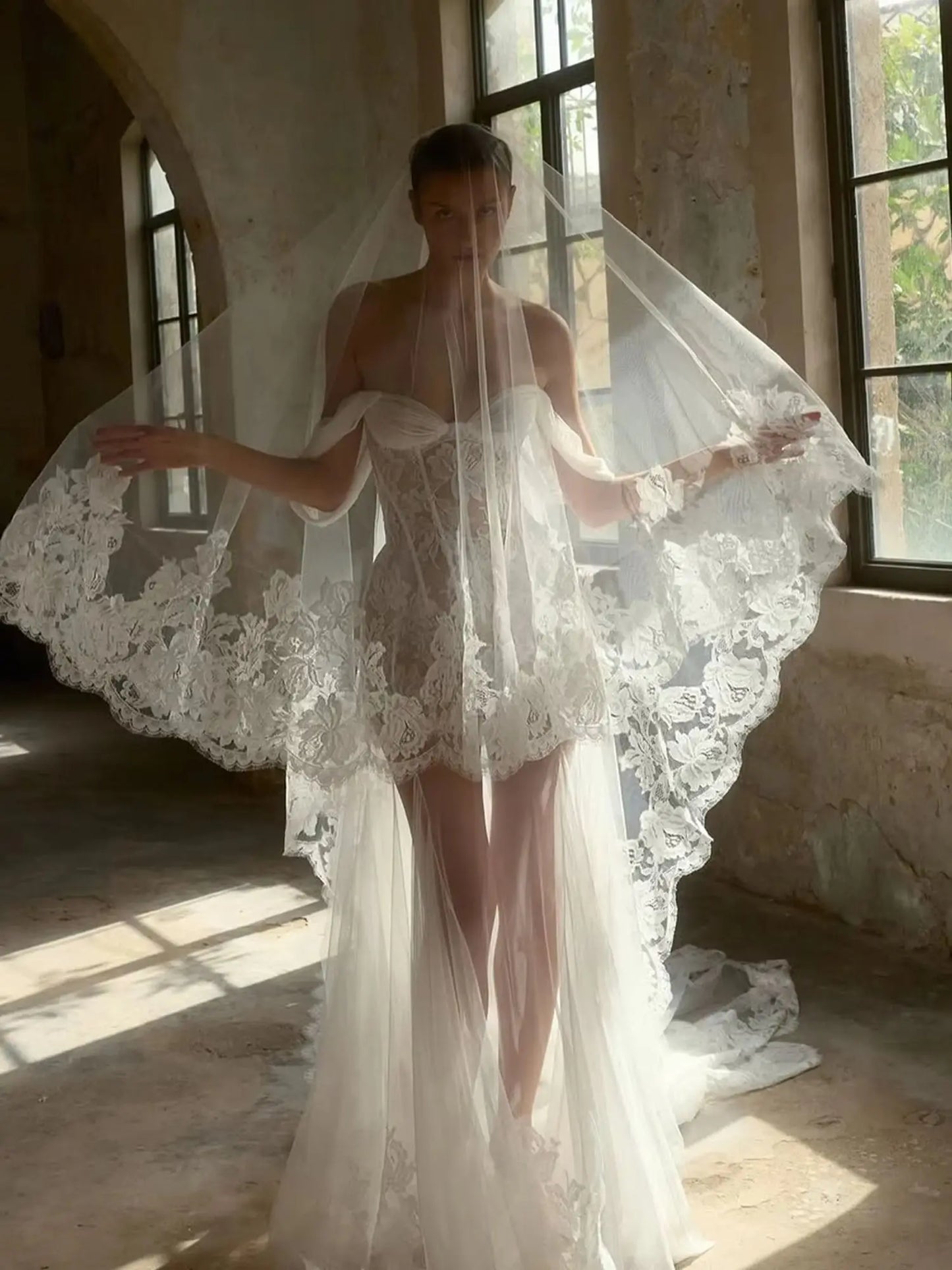 Strapless Tulle Lace Wedding Dress Off Shoulder Mermaid See Through Bridal Gown For Elopement Civil Beach Wedding Custmized