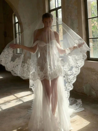 Strapless Tulle Lace Wedding Dress Off Shoulder Mermaid See Through Bridal Gown For Elopement Civil Beach Wedding Custmized