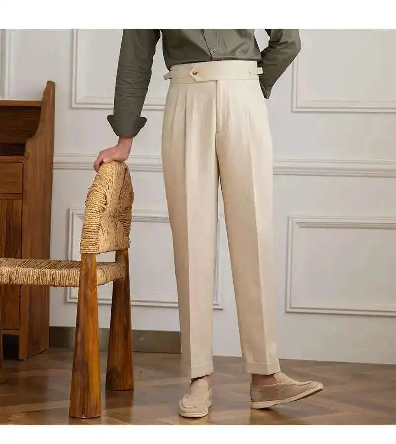 Linen Cotton High Waist Straight Casual Pants Men Versatile Naples Gentleman Pleated Pants High Quality Italian Dress Trousers