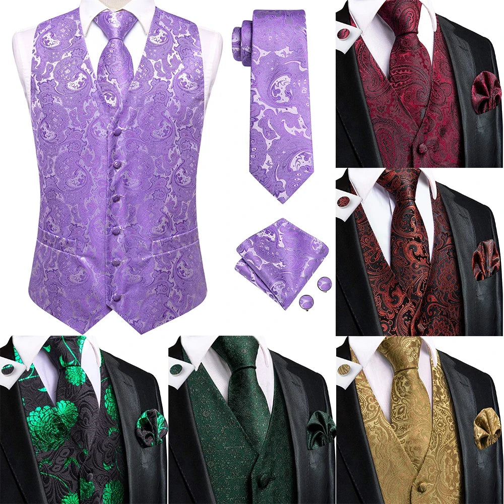 Elegant Purple Silk Mens Vests Tie Fashion Paisley Jacquard Sleeveless Jacket 4PC Hanky Cufflink Paisley Suit Waistcoats Wedding