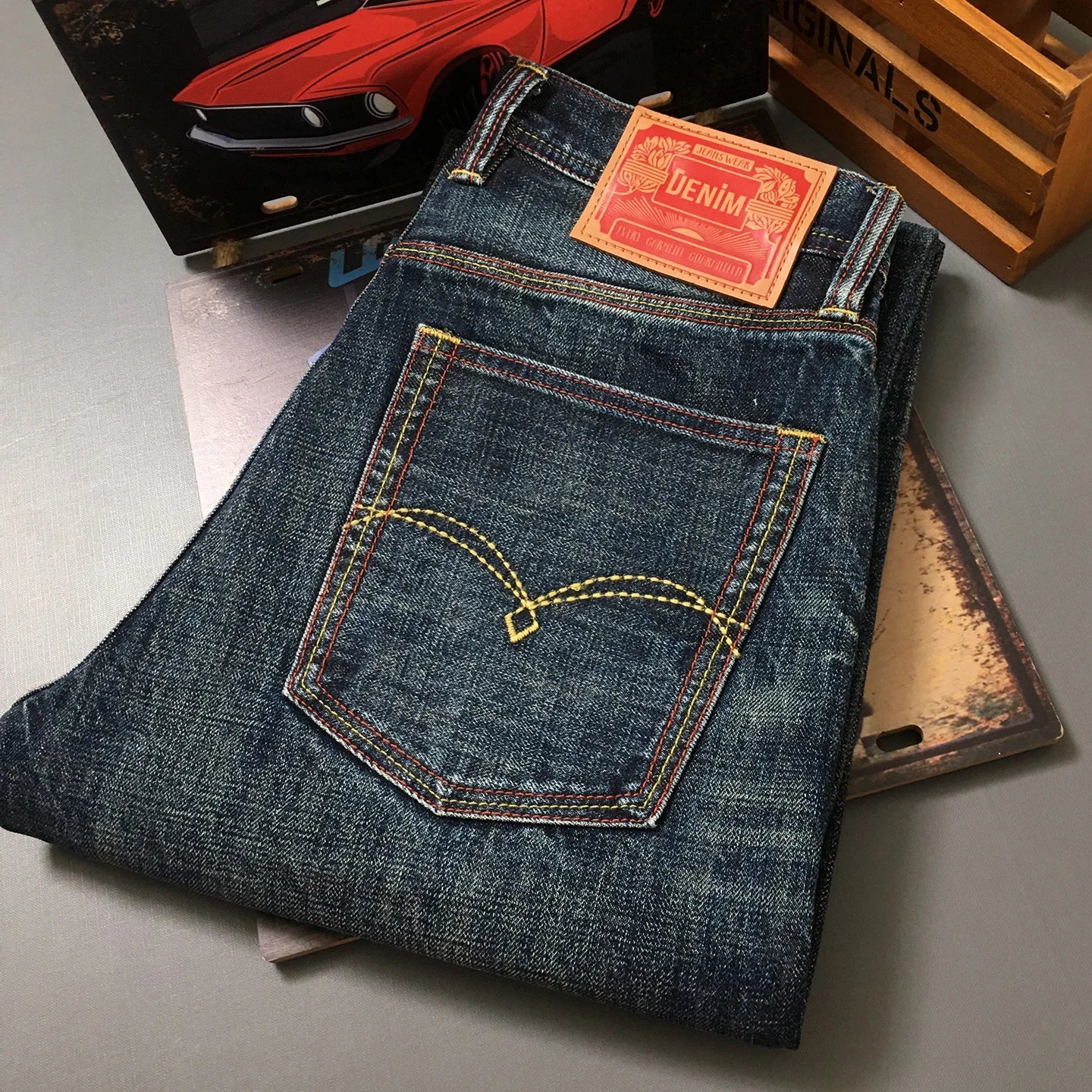 High Quality 100% Cotton Washed Yellow Selvedge Denim Jeans for Men American Vintage Casual Spring Autumn Loose Straight Pants