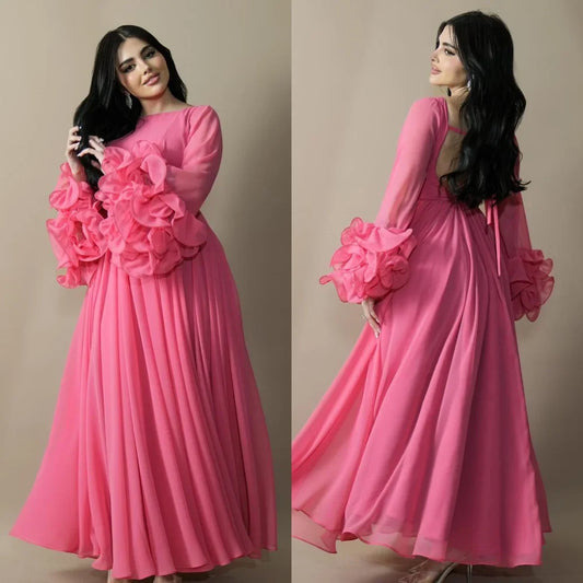 Customized Fashion Chiffon Pleat Ruffle A-line O-Neck Long Dresses Bespoke Occasion Celebrity Matching Simple