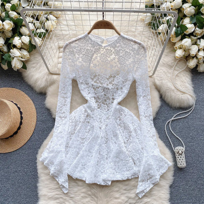 Women's Autumn Mesh Lace Hollow Out White Short Dress Women Micro Flare Sleeve See Through Translucent Sexy Girl's Mini Dress