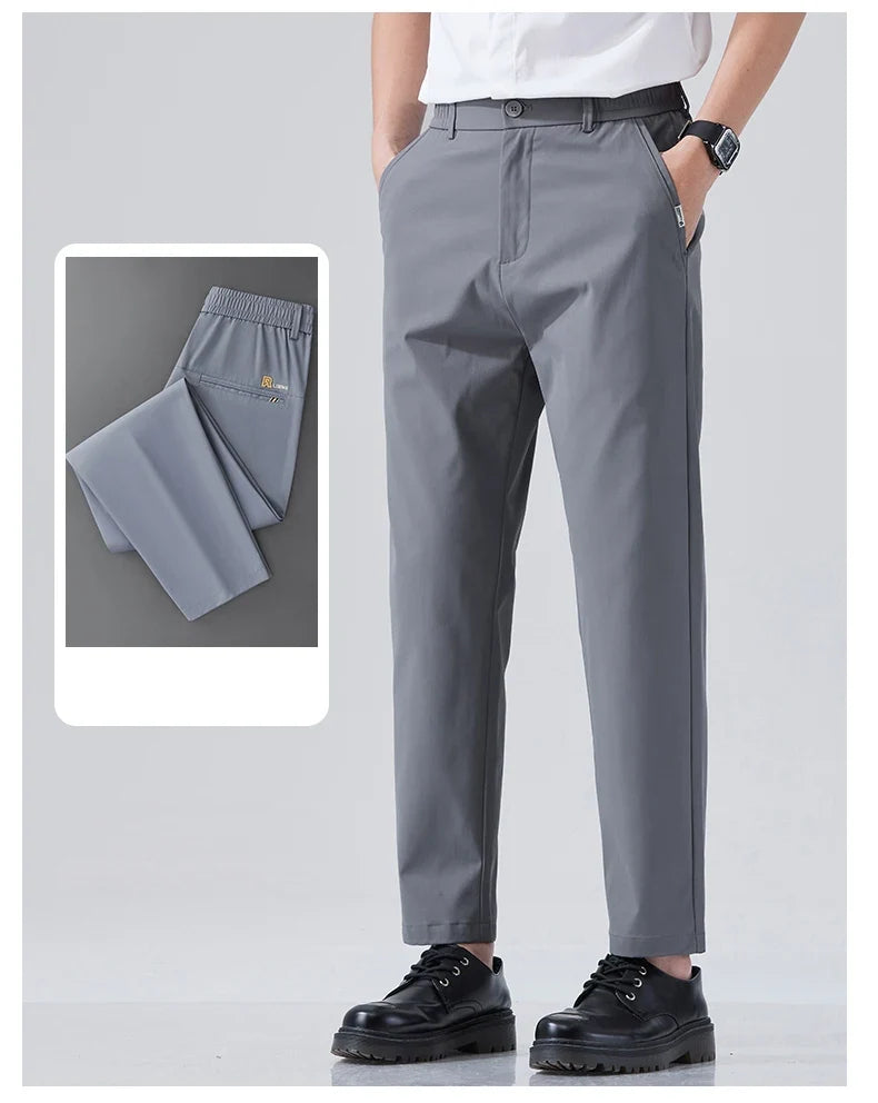 2026 Spring Summer Thin Ice Silk Suit Pants Men's Business Straight Slim High Elastic Ankle Length Casual Pants Male