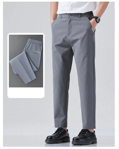 2026 Spring Summer Thin Ice Silk Suit Pants Men's Business Straight Slim High Elastic Ankle Length Casual Pants Male