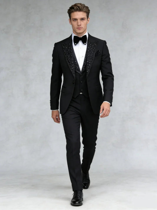 Men's Black Beaded Suit Set 3 Pieces Business Outfit Luxurious Man Formal Tuxedo Wedding Groom Sets Plus Size Slim Fit Suits