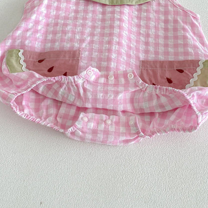 2026 New Summer Sweet Style Kids Dress Pink Watermelon Plaid Dress for Girls Sleeveless Lightweight Children Clothes