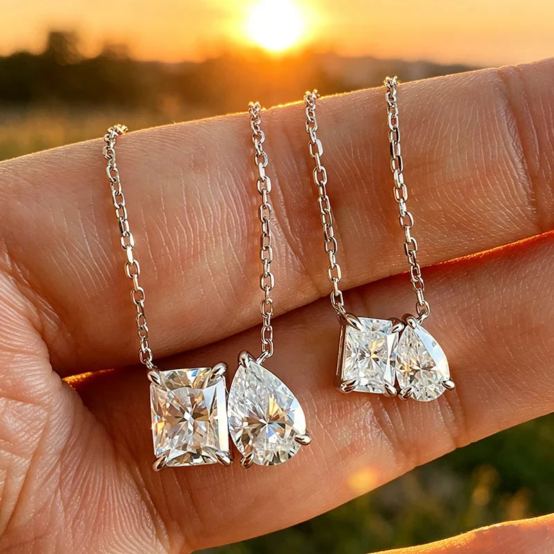 2-5CTTW Radiant Cut Moissanite Necklace for Women 2 Stones Luxury Lab Diamond Pendant S925 Sterling Silver Plated 18K