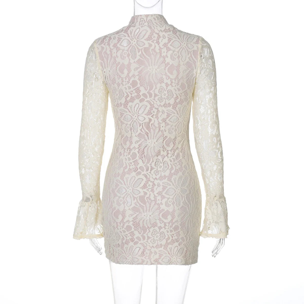 Turtleneck Long Flare Sleeve Patchwork Lace Hollow Out Button Sexy Mini Dress 2025 Spring Women Clothes Party Nightclub