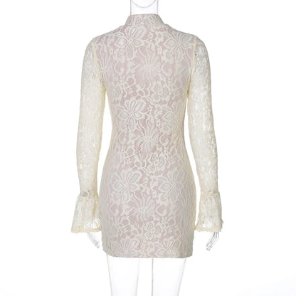 Turtleneck Long Flare Sleeve Patchwork Lace Hollow Out Button Sexy Mini Dress 2025 Spring Women Clothes Party Nightclub