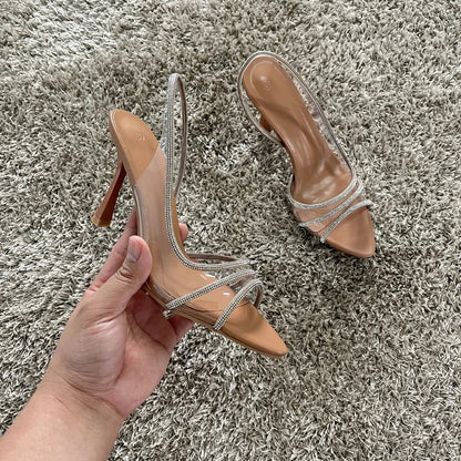 2025 Women Summer Rhinestone Slingback Pumps Office Lady Transparent Heeled Sandals Elegant Pointed Toe Female Sexy High Heels