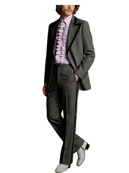 Men's Tuxedo Suit with Black Trim 2-Piece Slim Fit Blazer Pants Set Business Casual Jacket Straight Leg Trousers Formal Outfit