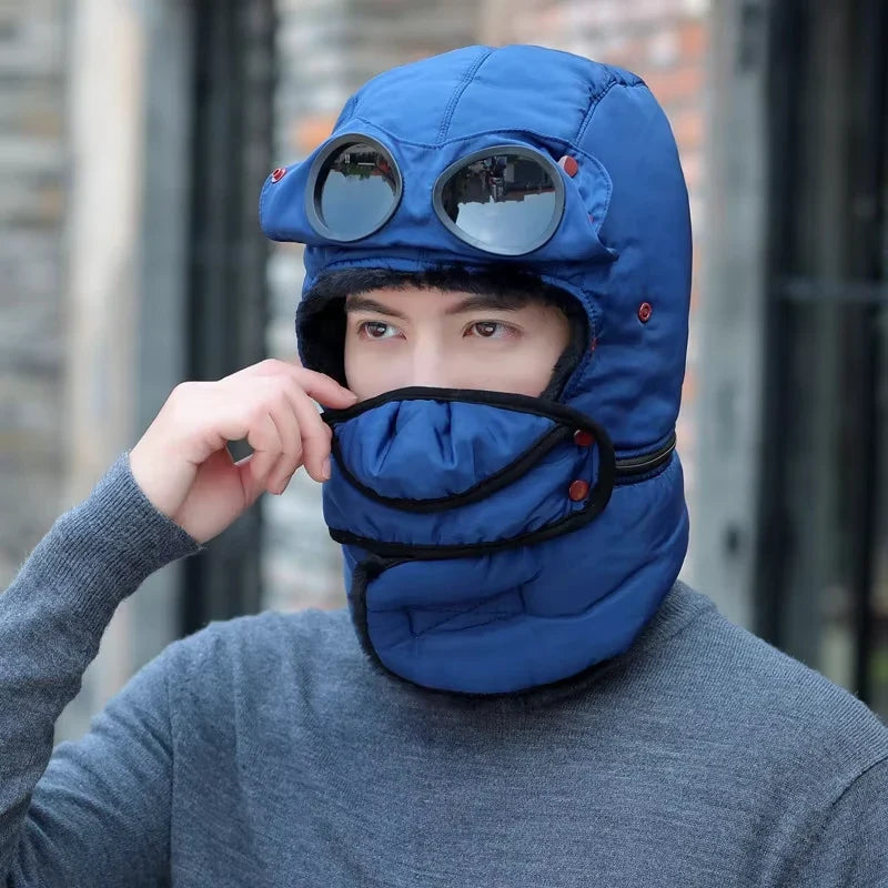 2026 Winter Bomber Hat Adult Kids Windproof Hood Pilot Hats with Mask Glasses Warm Earflap Cap Russian Ushanka Caps Balaclava