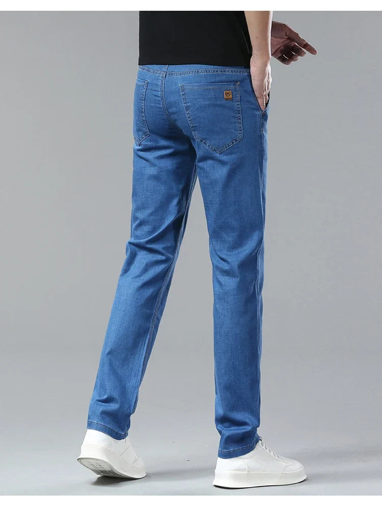 Men's Ice Silk Jeans Summer New Lyocell Thin Business Casual Denim Pants Classic All Match Slim Fit Straight Elastic Jean Male