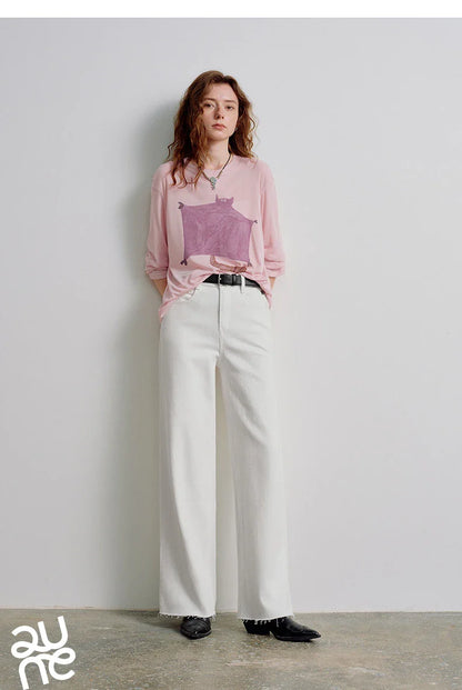 Women Jeans 2026 Spring New Black Label Lycra Stretchy White Frayed Cuff Loose Wide-Leg Pants