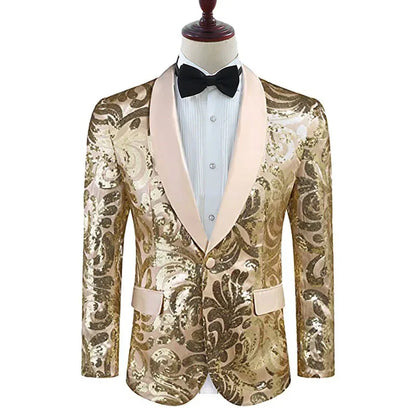 2026 Men's Shiny Gold Sequins Blazer Stylsih Shawl Collar One Button Tuxedo Floral Suit Jacket Party Wedding Groom Costume Homme