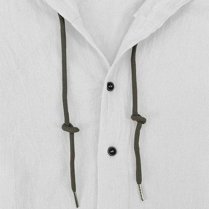 Men's Solid Color Casual Shirt, Hooded Drawstring Cotton and Linen Cardigan, Trendy and Versatile Loose Beach T-Shirt