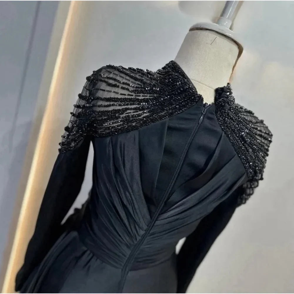 Customized Exquisite High Collar Sheath Evening Dresses Beading Fold s Vertically Hugging Floor length Prom  فساتين سهره فاخره