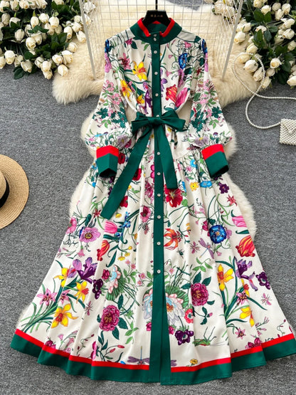 Retro Faion Print Stand Collar Single Button Women's Dr Waist Cinched Floor Length Skirt Korean Sle High Waist Long Sl...