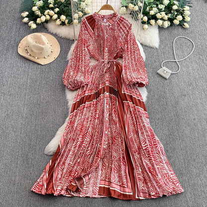 Ele Printed round Ne Lantern Sve Dr Women's Single Button Waist Cinch Maxi Skirt Long Dr Commute Sle Autumn