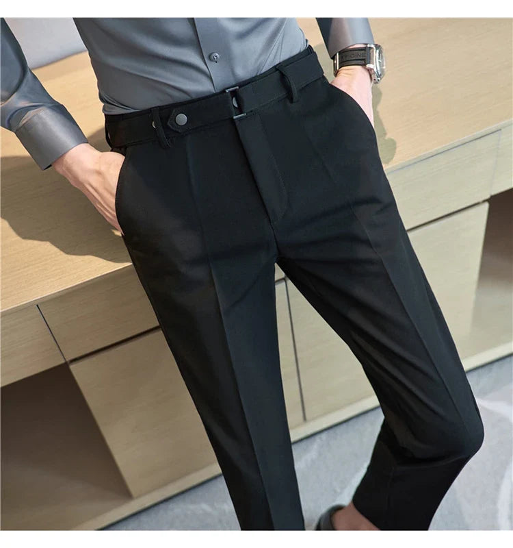 Fashion Belt Decoration Design Men's Suit Pants High Quality Business Slim Fit Casual Straight Formal Wedding Party Trousers