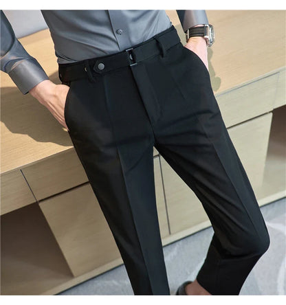 Fashion Belt Decoration Design Men's Suit Pants High Quality Business Slim Fit Casual Straight Formal Wedding Party Trousers