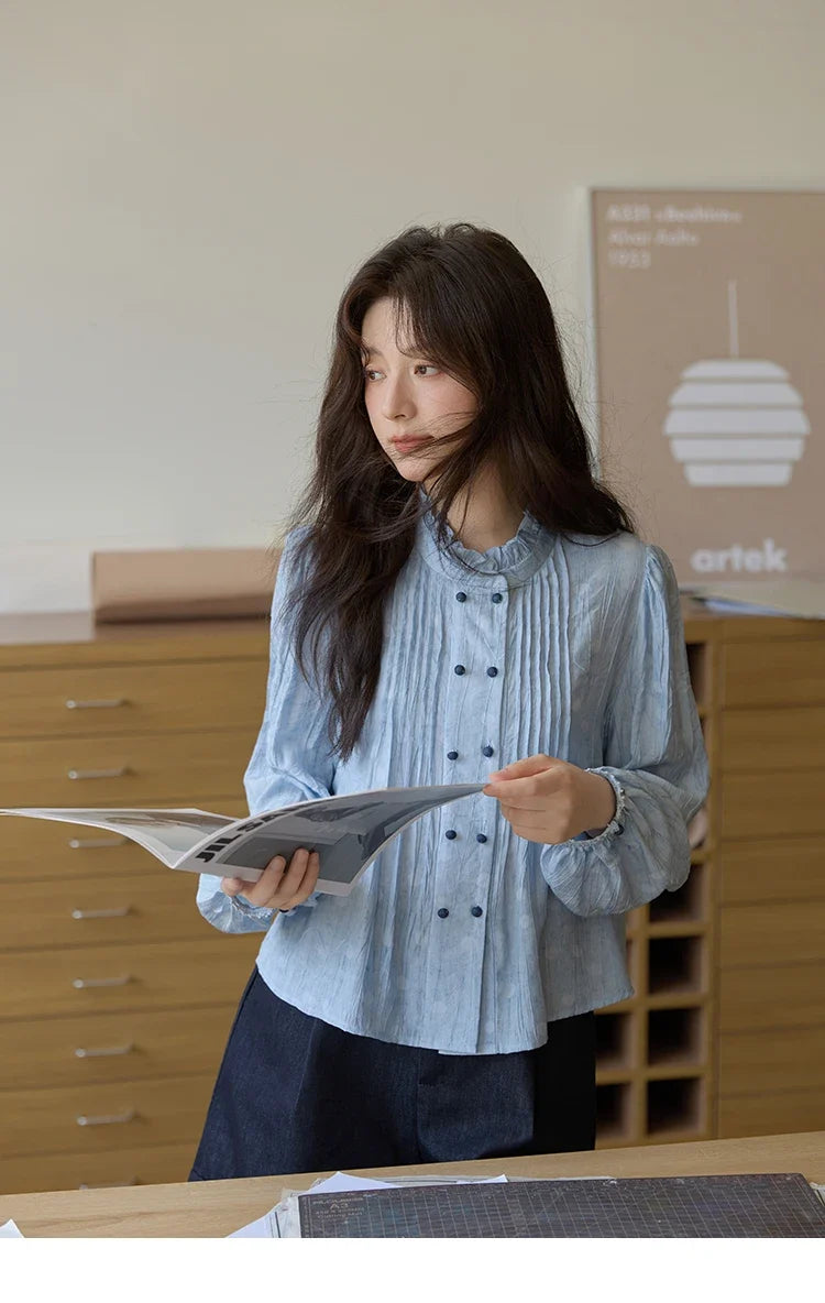 Women's Shirt 2025 Autumn Blue Polka Dot Chiffon Loose Shirt Stand Collar Double Row Buckle Lantern Sleeve Top MXE41X1926
