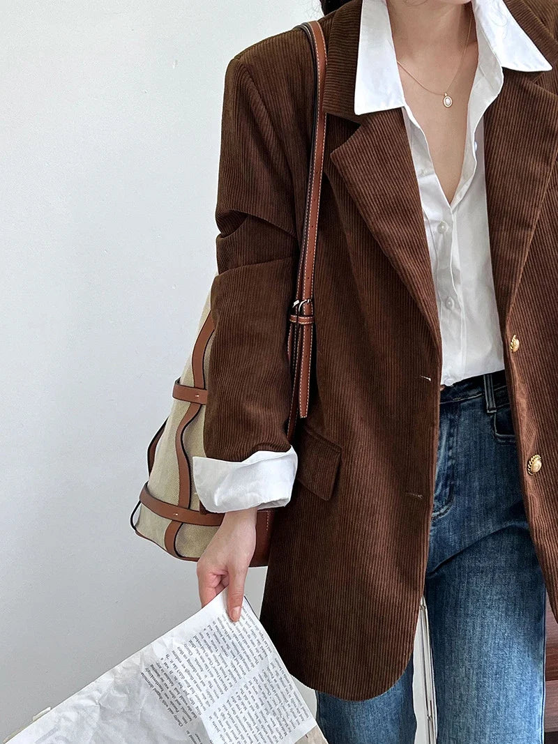 Brown Corduroy Suit Jackets Women's Spring New Fashion Loose Casual Blazers Notched Collar Single Breasted Pockets Female Tops