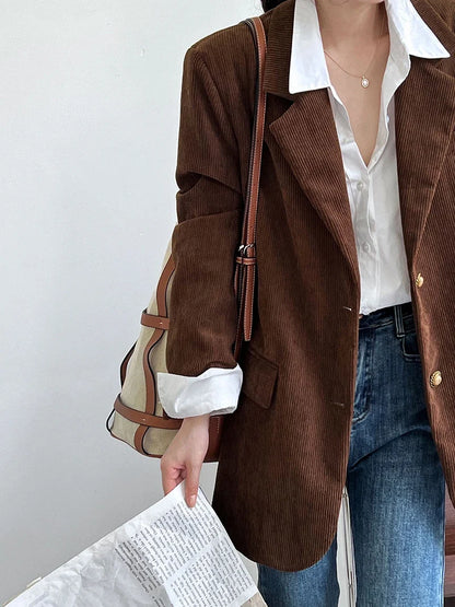 Brown Corduroy Suit Jackets Women's Spring New Fashion Loose Casual Blazers Notched Collar Single Breasted Pockets Female Tops
