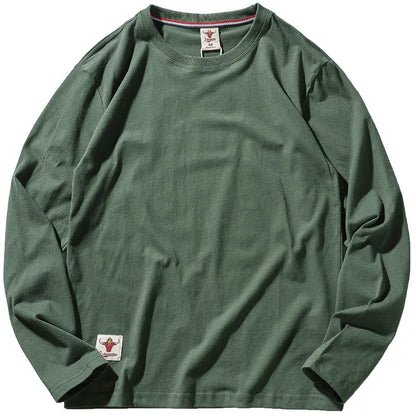 Autumn American Retro Long Sleeve O-neck Solid Color T-shirt Men's Fashion Simple 100% Cotton Washed Old Casual Bottoming Tops