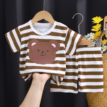 Cotton Short Sleeve T-shirts and Shorts 2PCS Breathable Outfit For Girls New Boys Summer Clothing Set Full Bear Print