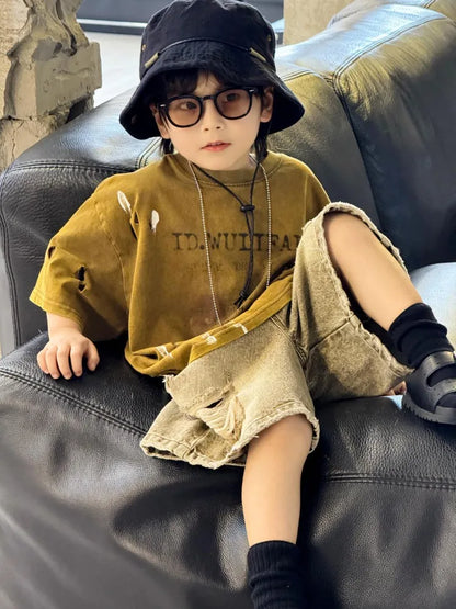 2026 Summer New Boys' Distressed Tie Dye Short Sleeved T-Shirt Junior Sizes Stylish Trendy Kids' Apparel