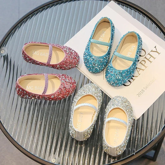 Children's 2025 new single shoe girls' fashion show sequined crystal shoes baby Baotou fashionable soft soled princess shoes