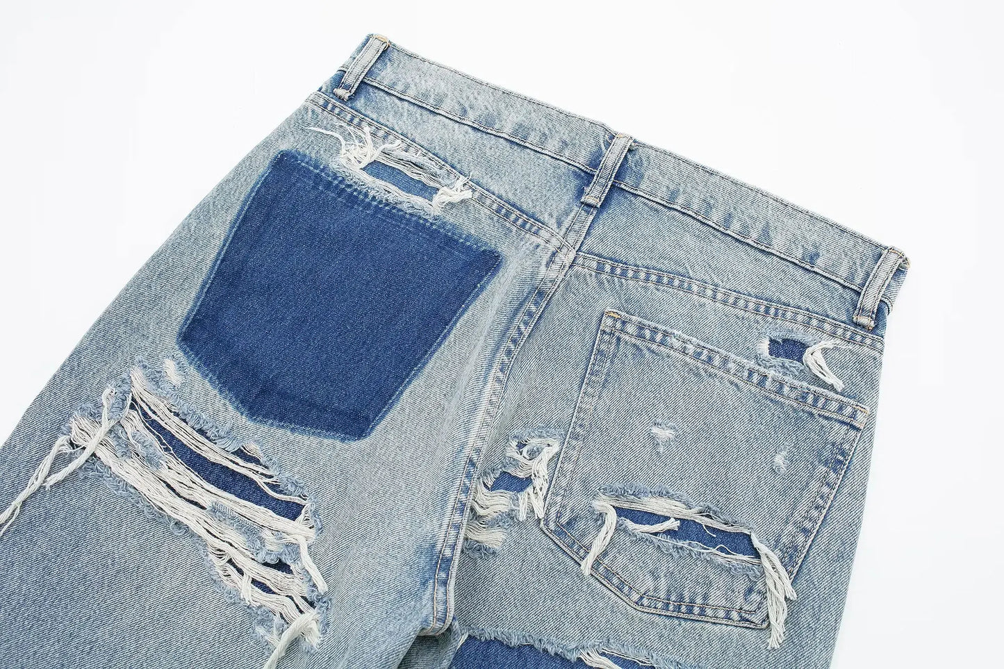 2024 Women's Street Fashion Denim Blue Jeans Distressed Patchwork High Waist Zipper Fly Ripped Retro Long Pants