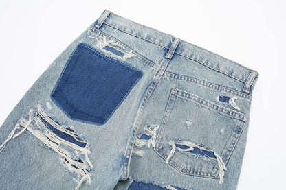 2024 Women's Street Fashion Denim Blue Jeans Distressed Patchwork High Waist Zipper Fly Ripped Retro Long Pants