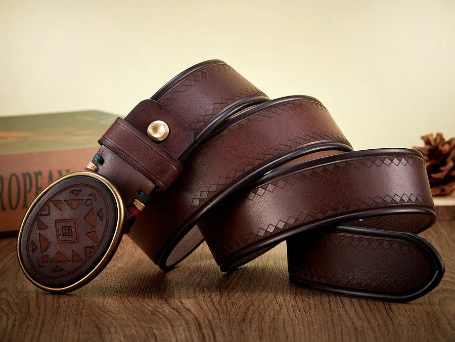 Real Genuine Leather High Quality Brass Buckle Jeans Casual Belt Extra Thick Cowhide Designer Laser Engraved Pattern Men's Belt