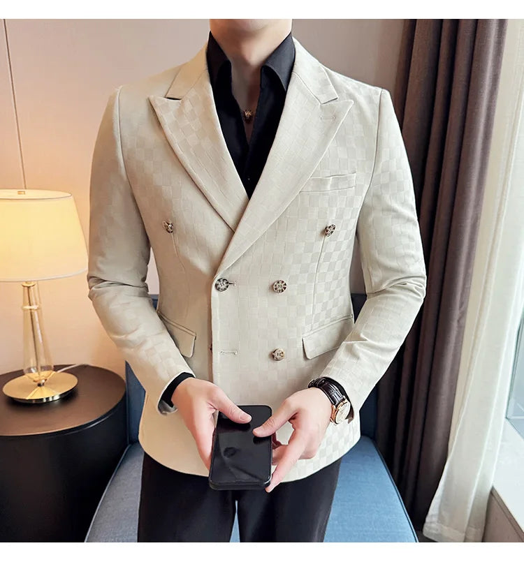 6 Color Fashion Double Breasted Plaid Suit Jacket Luxury Men Slim Fit Business Social Wedding Formal Suit Coats Plus Size 5XL-M