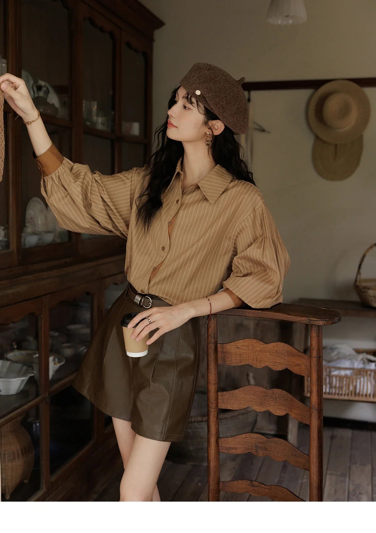 Striped Casual Shirt for Women 2024 Autumn Retro Lapel Long Sleeve Top Contrasting Cuffs Shirts Office Lady MXD42C0301