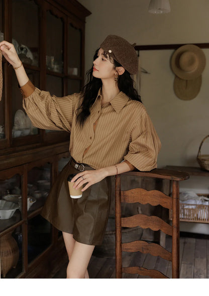 Striped Casual Shirt for Women 2024 Autumn Retro Lapel Long Sleeve Top Contrasting Cuffs Shirts Office Lady MXD42C0301