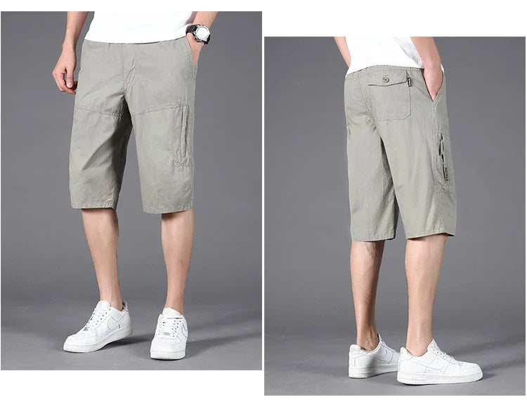 Men Cargo Shorts Zipper Pocket Loose Casual Big Size Shorts Big and Tall Cotton Knee Shorts