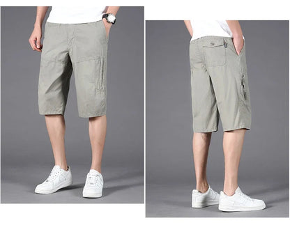 Men Cargo Shorts Zipper Pocket Loose Casual Big Size Shorts Big and Tall Cotton Knee Shorts