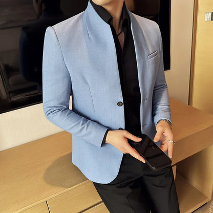 New Waffle Chinese Stand-Up Collar Blazers Men Slim Fit Business Casual Fashion Suits Jacket Formal Social Prom Party Tuxedos