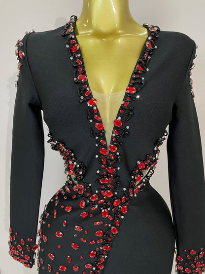 Women Celebrity Sexy Long Sleeve V Neck Rhinestone Black Bandage Dress 2025 Elegant Evening Club Luxury Birthday Party Dresses