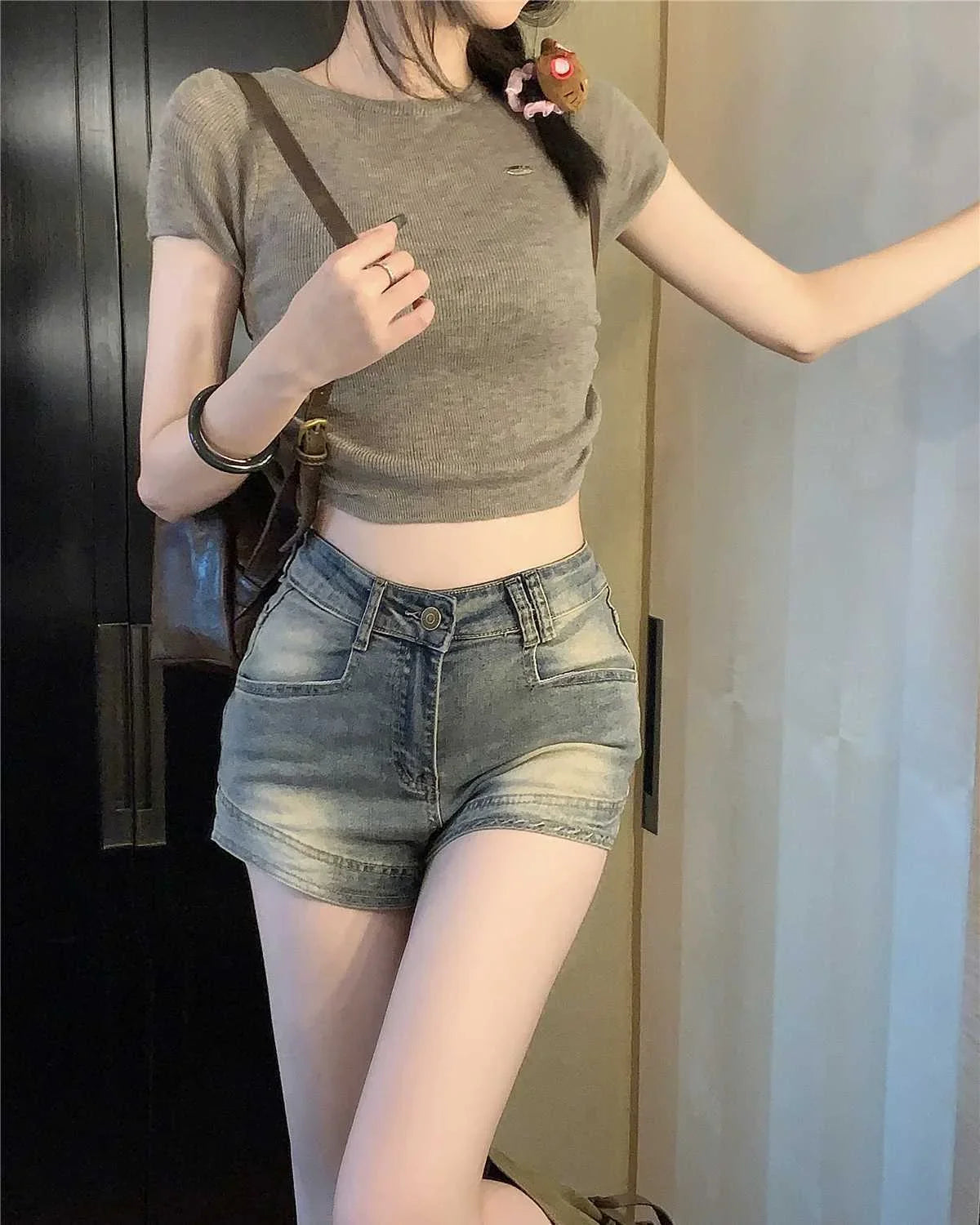 Summer Girls Vintage Denim Wide Leg Shorts Lady High Waist Short Pants Female Blue Y2K Style Fashion Robin Jeans