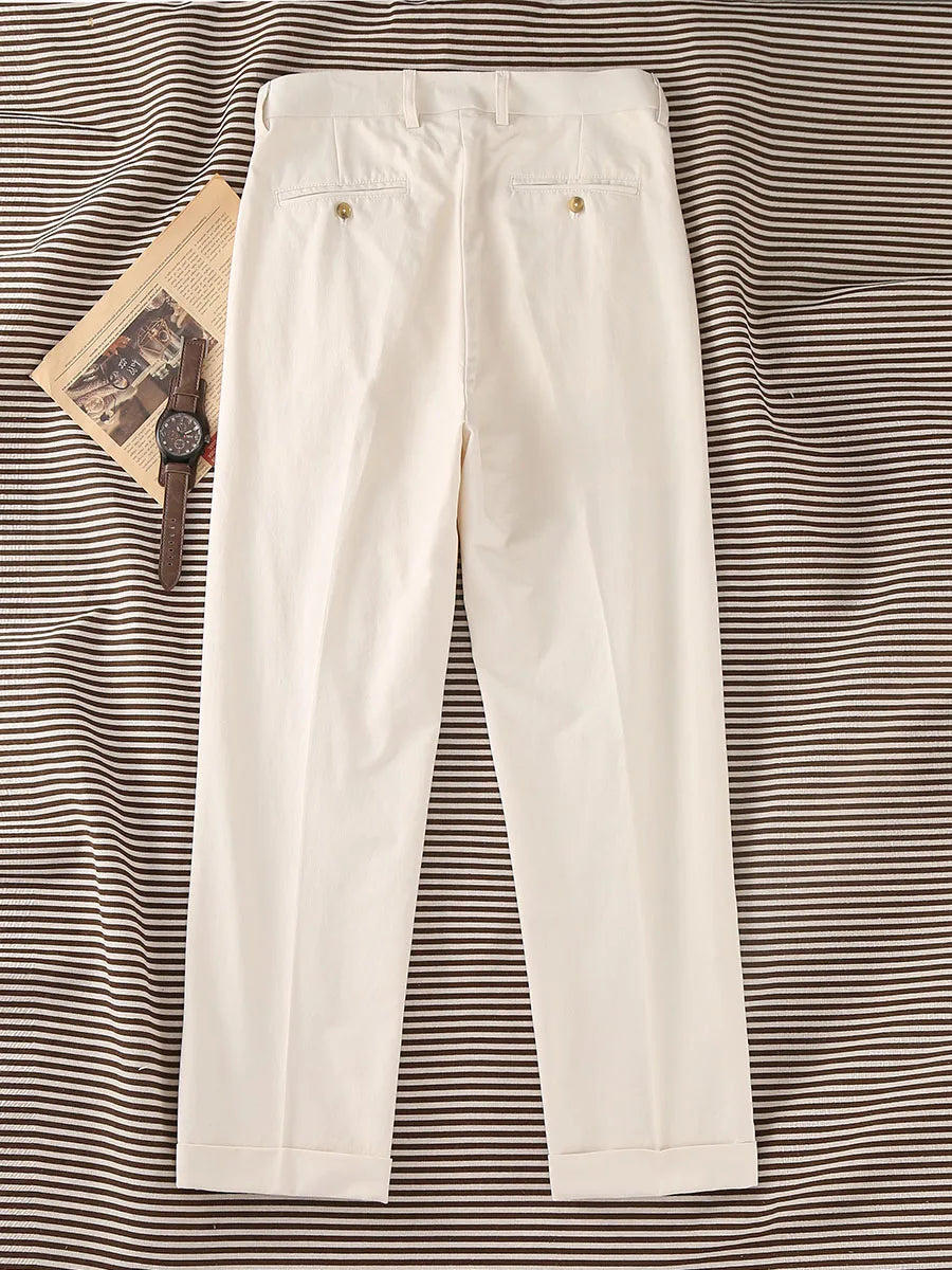 2026 Cotton-Linen Men's Casual Trousers | Old Money Beige Slim Straight Pants with Elastic Waist & 9/10 Cuff