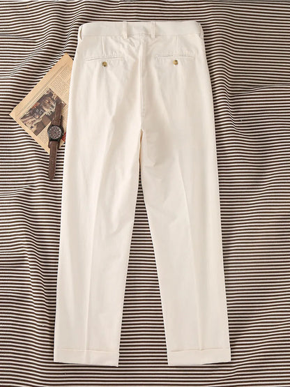 2026 Cotton-Linen Men's Casual Trousers | Old Money Beige Slim Straight Pants with Elastic Waist & 9/10 Cuff